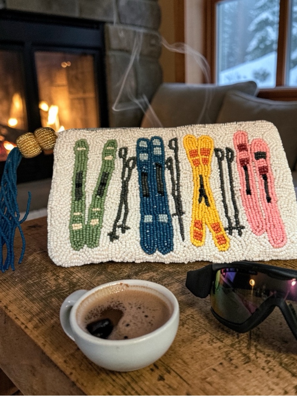 Hand Beaded Viral Ski Motif Clutch — White with Multi Colored Skis